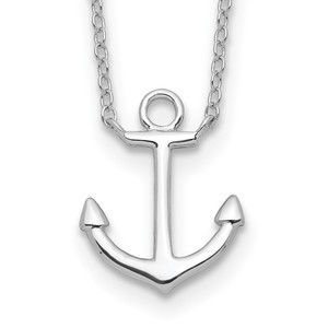 926 Sterling Silver Nautical Rhodium-plated Anchor 16" Necklace with 2in ext
